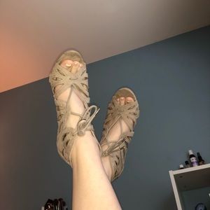 nude strappy heels with adjustable ties and zipper